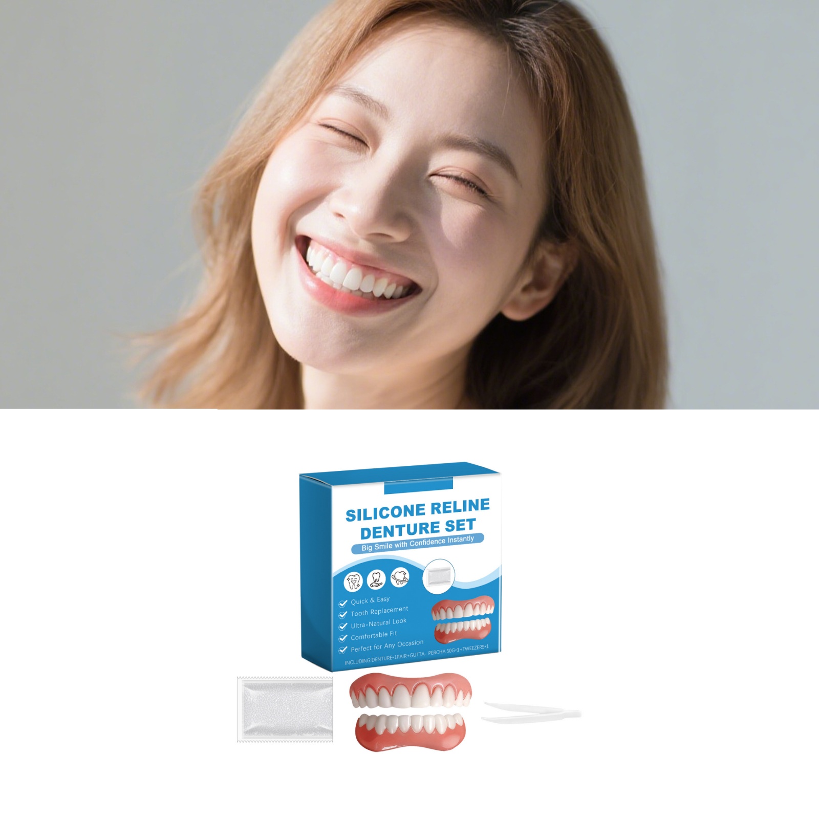 Full Cover Adhesive - ชุดฟันปลอมแบบเต็มชุด ครอบคลุมเหนือเหงือก ดีไซน์นุ่ม ใช้งานง่าย ไม่ต้องใช้ฟันจริง ปิดฟันที่หายไป