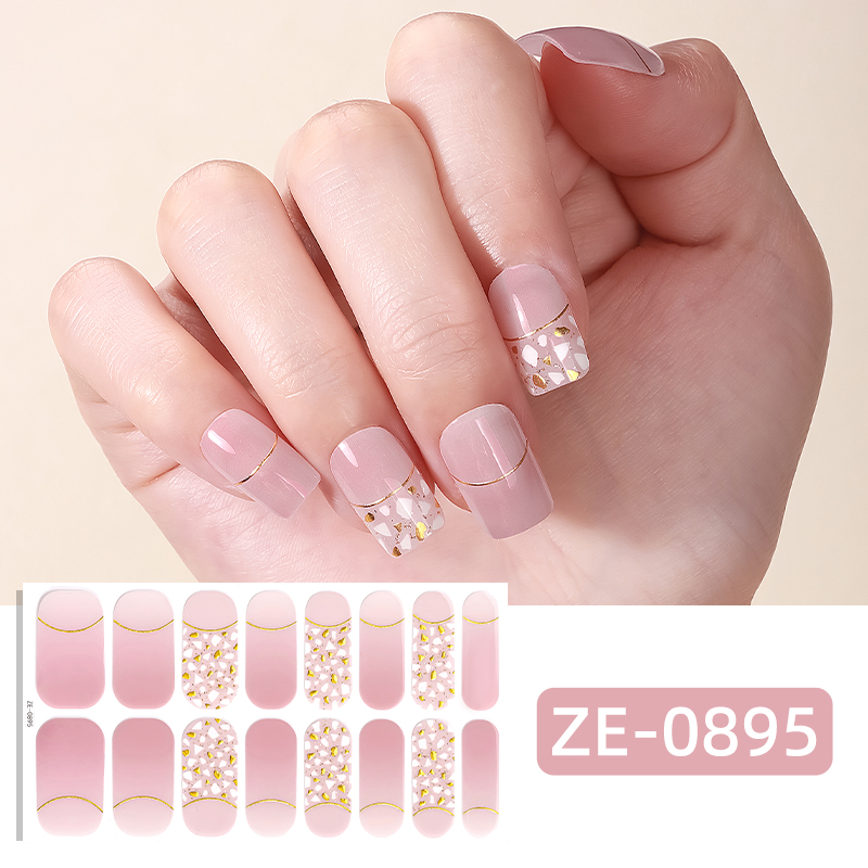 Full Cover Adhesive - สติกเกอร์ติดเล็บสีชมพูกลิตเตอร์ 16 ชิ้น แบบเต็มเล็บ ลายไล่สี ติดทนนาน