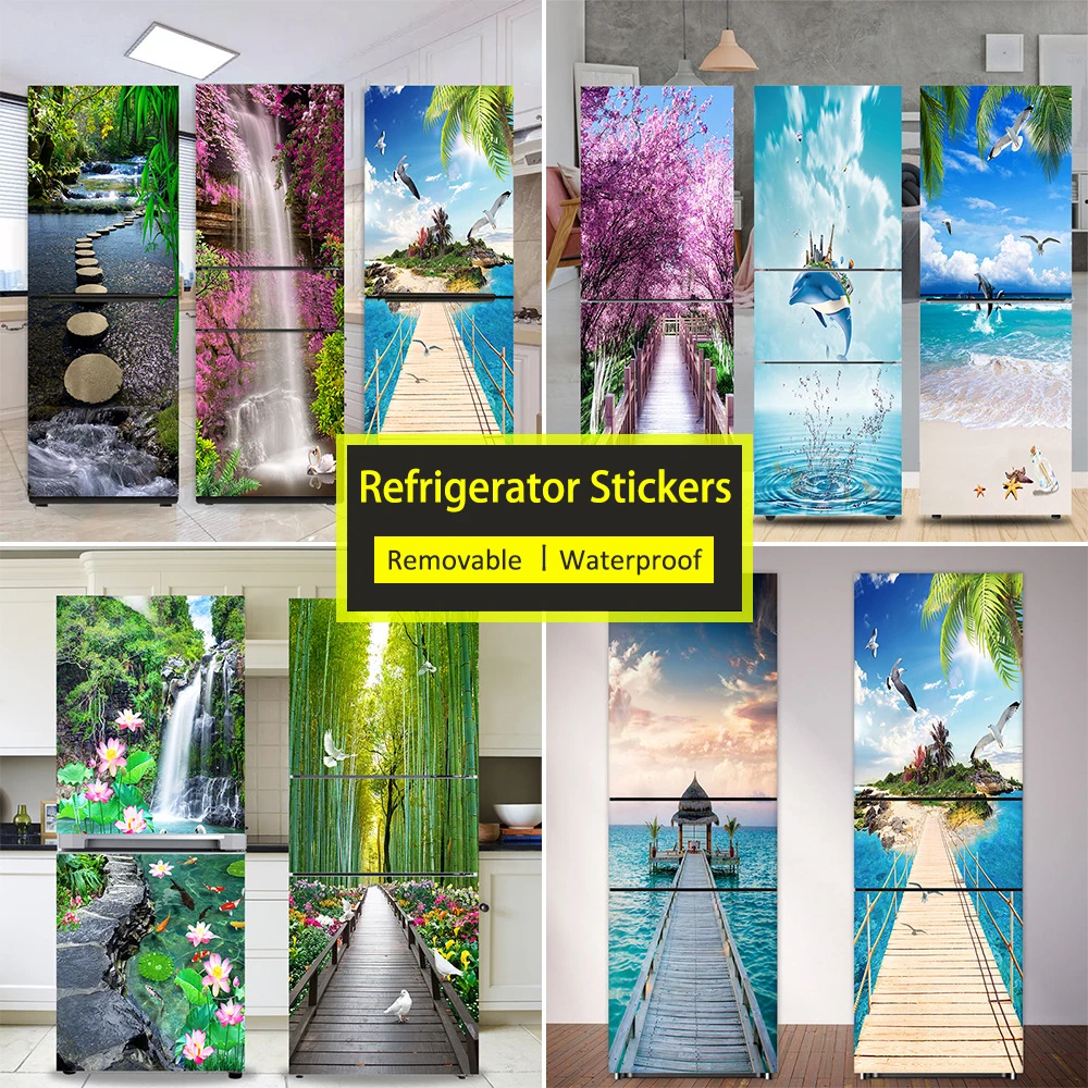 Full Cover Adhesive - Seaside Beach ตู้เย็นสติกเกอร์ประตูเต็มรูปแบบ Self กาวภูมิทัศน์ป่าห้องครัวตู้เย็นภาพจิตรกรรมฝาผนังสติกเกอร์ตู้แช่แข็งวอลล์เปเปอร์